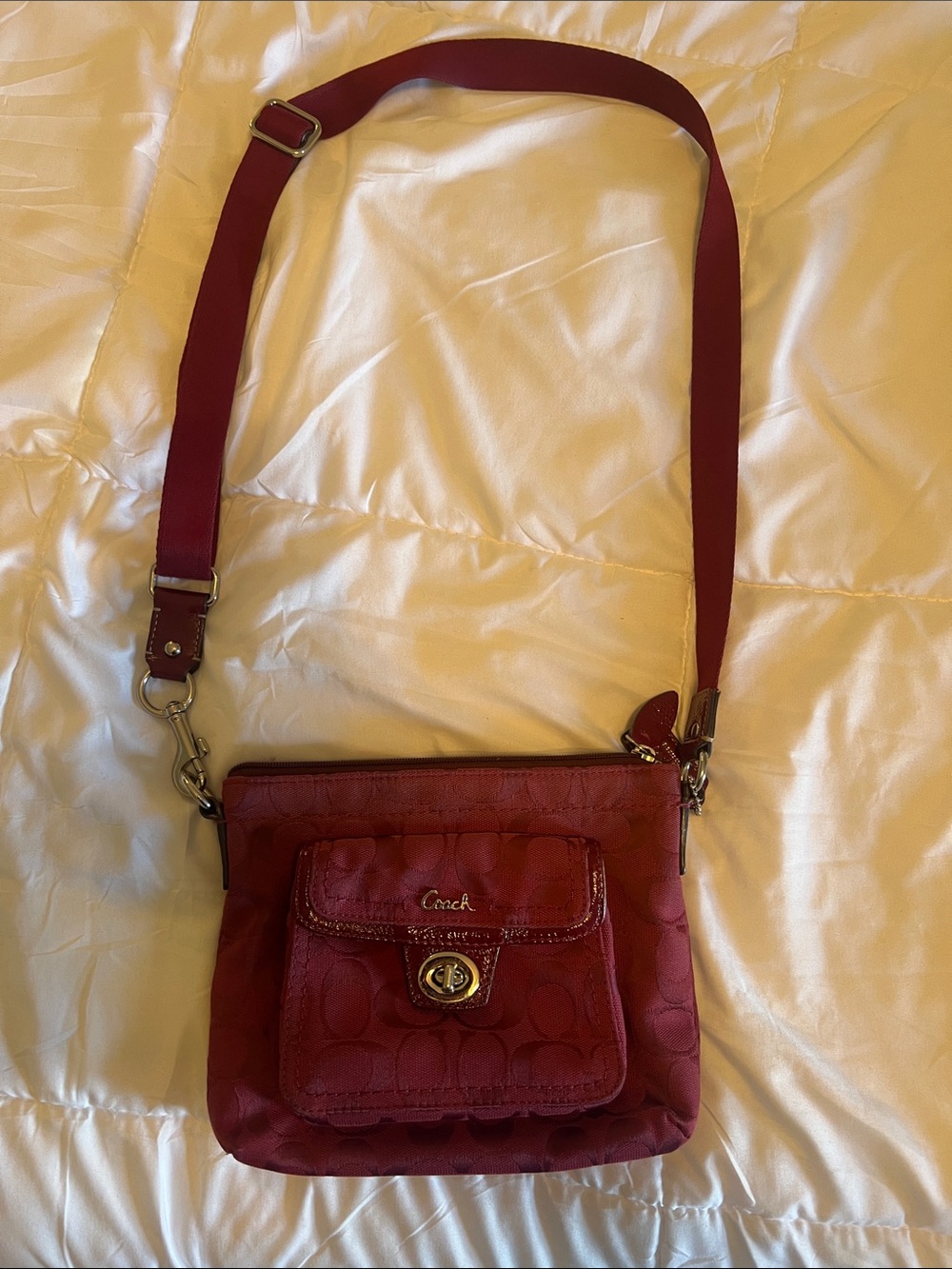 Coach Red Signature Crossbody Bag with Front Turn-Lock Pocket